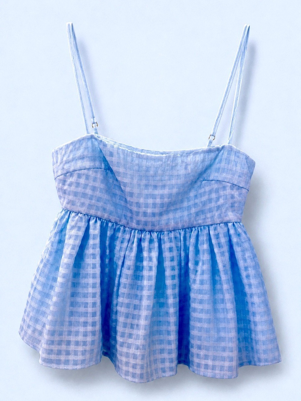 NWOT Beginning Boutique Light Blue Gingham Peplum Cami Top